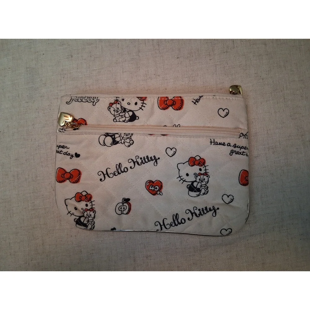 Sanrio Hello Kitty 40th Anniversary Quilted Pouch 2014 Cream Red Bow Makeup Bag